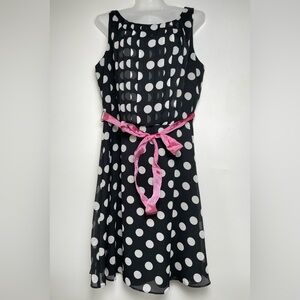 Olivia Matthews Black White Polka Dots Pink Belt A-line Dress Women sz 12 Y2K